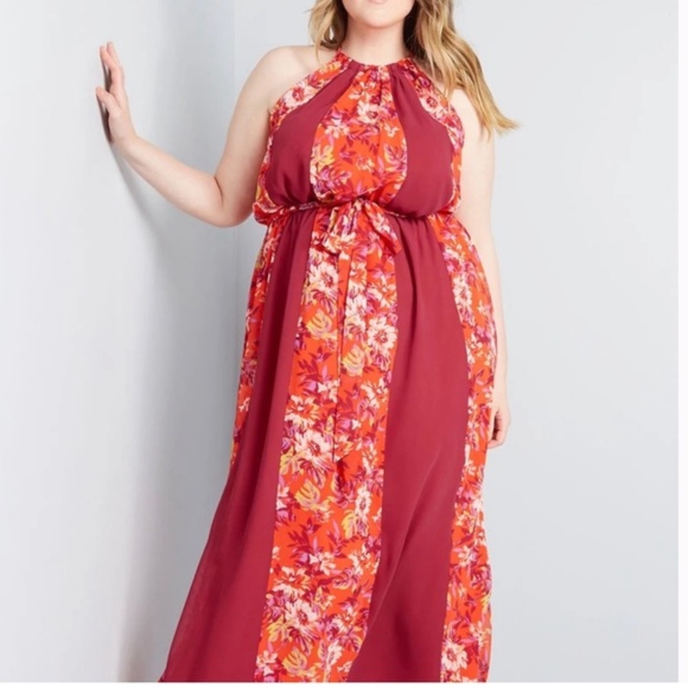 NWT ModCloth Illuminated Elegance Chiffon Pink Orange Floral Printed Maxi‎ Dress